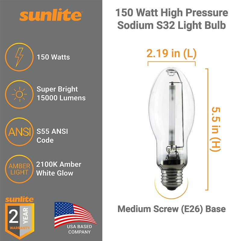 Sunlite 03620-SU LU150/MED High Pressure Sodium Light Bulb, 150 Watts, ED17/MED, Medium Base (E26), ANSI Code S55, 15000 Lumen, 20000 Life Hours, Clear, 2100K - Image 2
